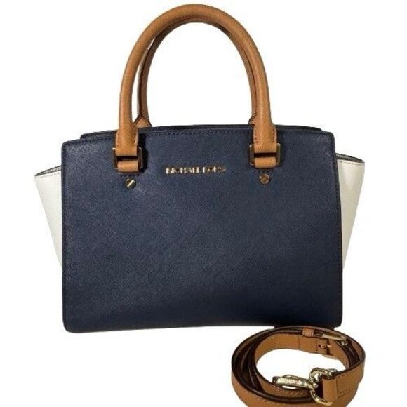 Michael Kors Selma Saffiano Leather Satchel Shoulder Bag Tricolor Navy White Tan - Picture 2 of 16